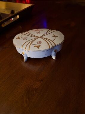 Porcelain Footed Trinket Box with Gold Floral Accents